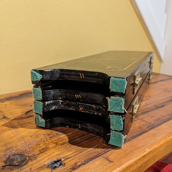 Vintage Asian Geisha Folding Tabletop Screen Divider - black lacquer wood screen - Picture 15 of 15